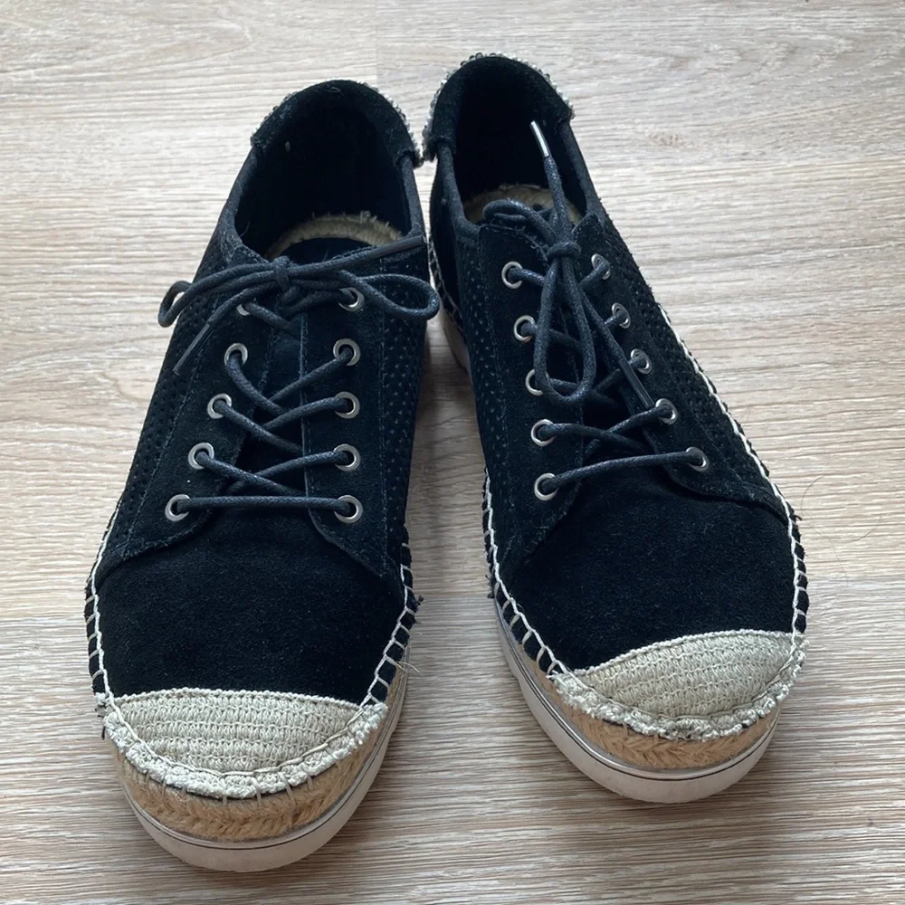 Black laser cut suede espadrille sneakers with embellishment